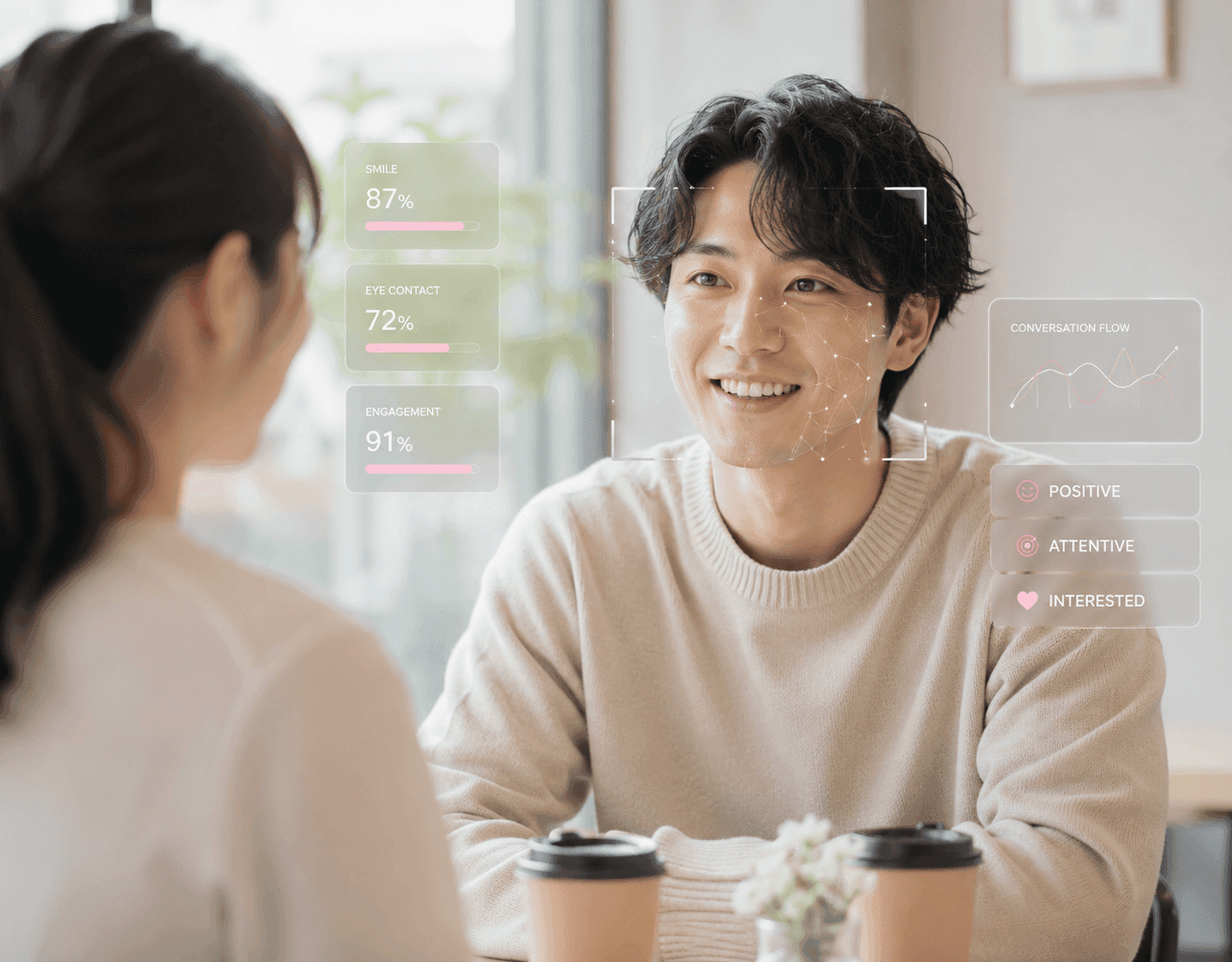 会話中の自分の表情・視線をAIが分析する画面のイメージ
